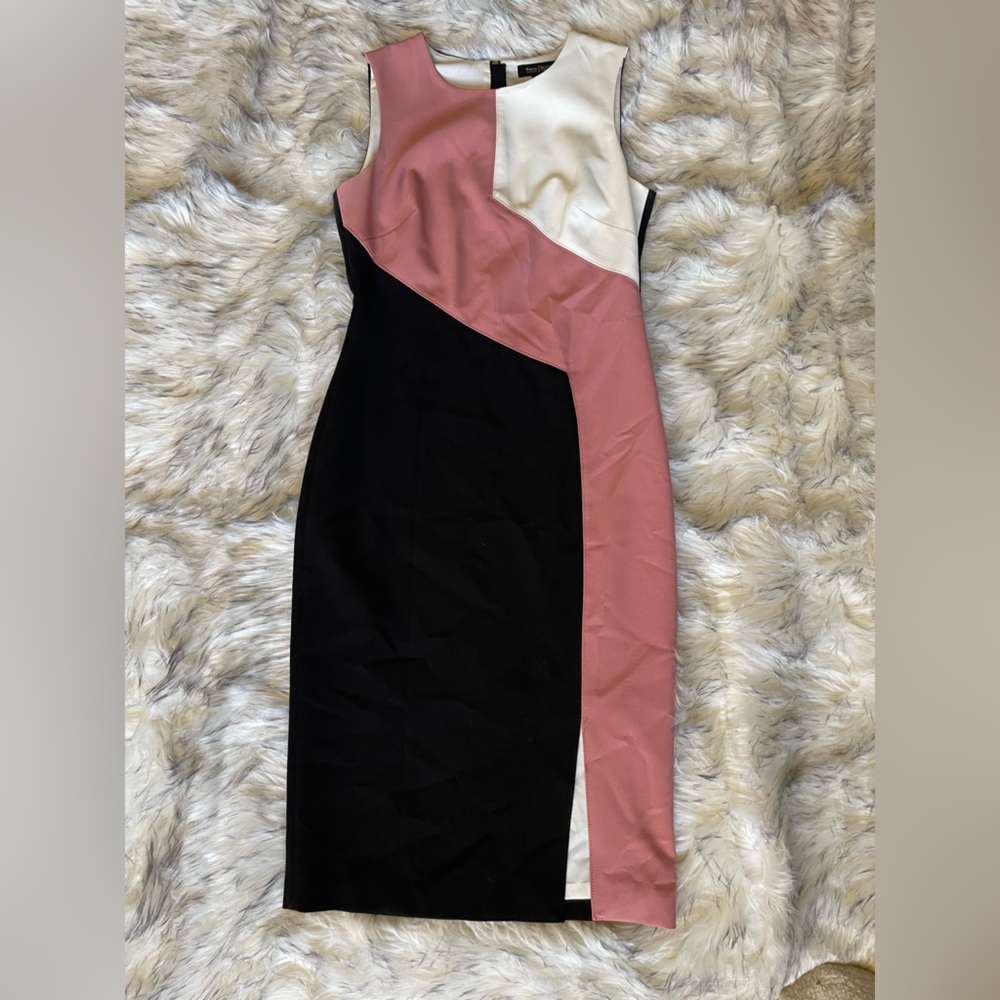 WHITE HOUSE BLACK MARKET pink and black color block zip-up knee length dress